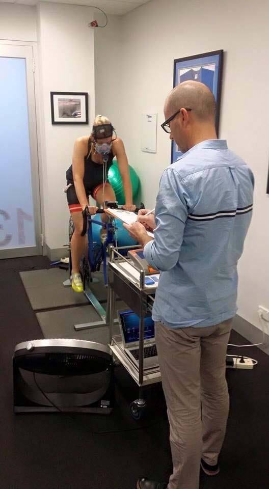 Dr Simon Sostaric, Exercise Physiologist & Sport Scientist, conducting a VO2max test. Key metrics include oxygen consumption; heart rate training zones; metabolic economy
